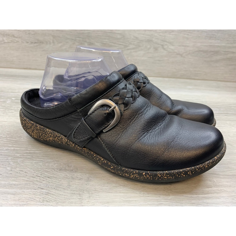 Aetrex Libby Black Leather Clogs Braided Buckle Slip On Shoes Women's 10